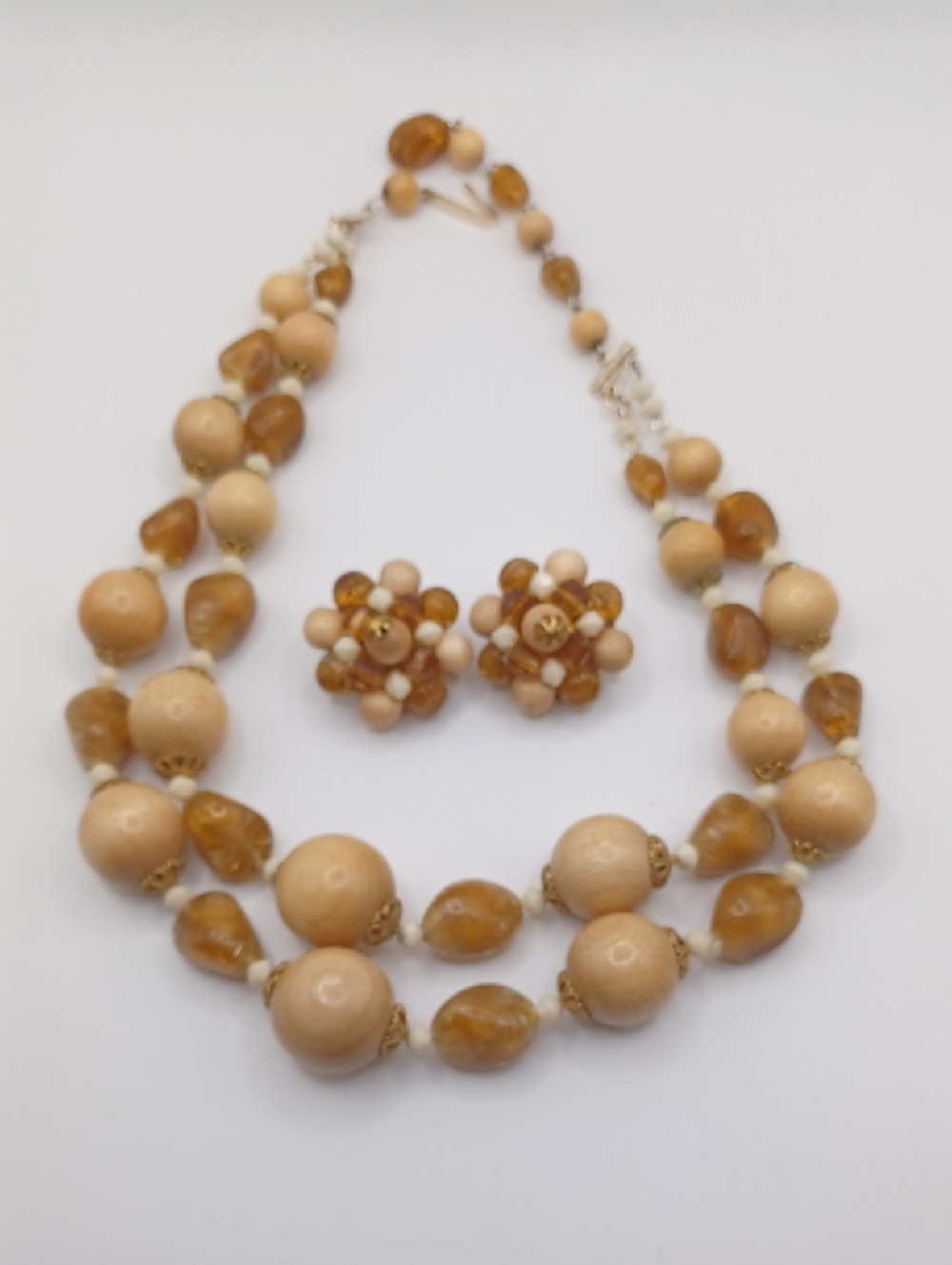 West Germany 1950s Wood and Lucite Beaded Necklace And Matching Earrings